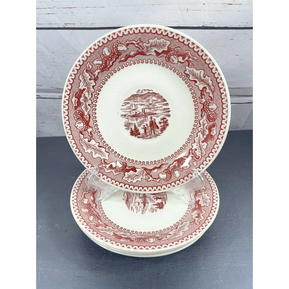 Set of 4 Vintage Saucers 5.5" 1965 Memory Lane Red Transferware Royal Ironstone